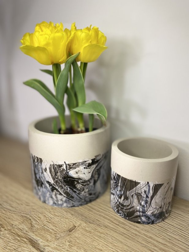 Set květináčů s mramorovým efektem - Barva: Mramorový efekt zelená, černá, měděná