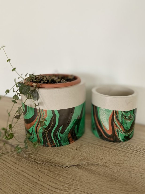 Set květináčů s mramorovým efektem - Barva: Mramorový efekt zelená, černá, měděná